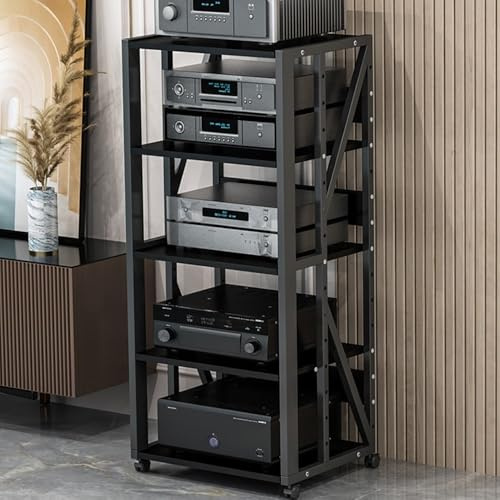 Supporto multimediale AV, Rack Audio Mobile, Rack Stereo a 3, 4 e 5 Livelli con Ruote, mobiletto portaoggetti con Altezza Regolabile, mobiletto Porta componenti Aperto HiFi (Nero, 5 Livelli)
