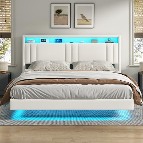 KIMENICH Lit 160x200 cm, Effet Flottant, Lits Double avec LED Réglable, Multiprise et Étagère Ouverte, Cadre de Lit avec Sommier à Lattes, Lits Flottant Rembourré, PU Blanc