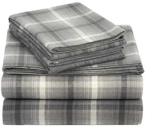 California Design Den Flannel Queen Sheet Set - Made in Portugal 100% Cotton, Thick, Velvet Soft 4-Piece Flannel Sheets Queen Size Set, Triple-Brushed with Extra Deep Pockets - Grey Plaid