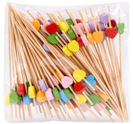 JYNXOR Palillos y Brochetas Decorativos de Madera - 100 Unidades - Con Forma de Corazón - Para Cócteles, Fruta, Tapas y Fiestas - 12cm