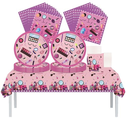 Fuwraixis Stoviglie per feste spa, 61 pezzi cosmetici Stoviglie per compleanni per ragazza, Tema Trucco Set di piatti di carta per feste, Compresi bicchieri, tovaglioli e tovaglie