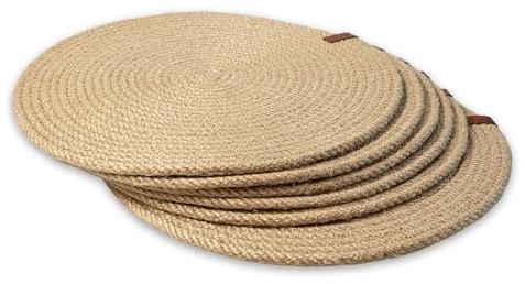 Runde Tischsets, 6er-Set, 32 cm, handgefertigt aus geflochtener Naturjute, beidseitig nutzbar, hitzebeständig, Jute