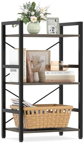 COSTWAY 3-Tier Shelving Unit, Wooden Storage Bookcase Ladder Bookshelf with X-Shaped Bar, Freestanding Metal Frame Display Rack Plant Stand (Grey Oak, 42 x 28 x 71 cm)