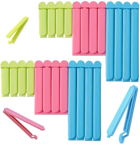 SHUBEIEUMI 24 Piezas Pinzas Bolsas Alimentos, Clip de Cierre de Cocina Multicolor Reutilizable de Plástico, 7/11/16 cm Pinza Cierre Bolsa de Alimentos, Color Pinzas Bolsas Alimentos
