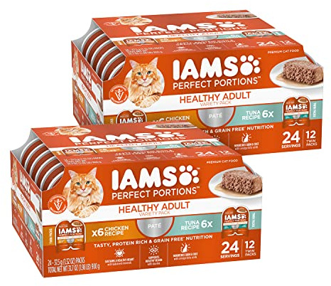 IAMS Perfect Portions Sensitive Digestion & Skin Wet Cat Food Pate, Healthy Adult Grain Free Pate, Chicken and Tuna Recipe, 2.6 oz. (24 Twin Packs)