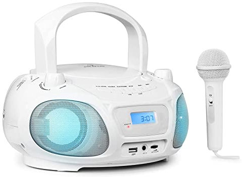 Auna Tragbarer Radio für Kinder mit CD Player, Mikrofon und USB, 3 W Boombox mit Bluetooth Funktion, AUX/FM Radio Tragbar mit LED-Display, MP3, 5.0 Streaming, CD-Radio mit für Mädchen und Jungen