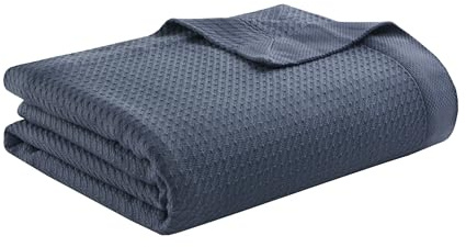 Madison Park 100% Egyptian Cotton Lightweight Summer Blanket, Breathable Waffle Knit Design, Soft Cozy All-Season Throw for Bed, Couch or Sofa, Blue Twin Size (66x90)