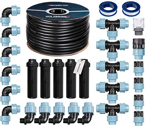 HOLZBRINK Kit de démarrage pour l’Irrigation du Gazon, système d’arrosage enterré de la pelouse : 100 m Tuyau LDPE 25 mm, 5X Arroseur Automatique Pop-up, HTB-11-5-100