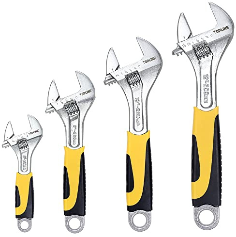 Topline 4-Piece Adjustable Wrench Set with Bi-Material Handles, 12-in, 10-in, 8-in, 6-in, Steel, TPR, Perfect for Basic Home Maintenance and General Applications