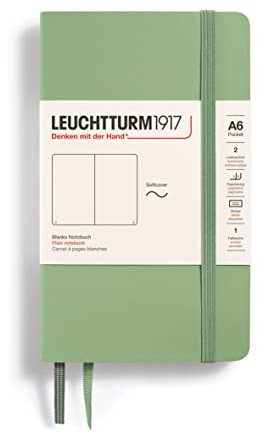 LEUCHTTURM1917 363953 Notizbuch Pocket (A6), Softcover, 123 nummerierte Seiten, Salbei, Blanko | 123 nummerierte Seiten, 90x150 mm, Fadenheftung, Inhaltsverzeichnis, Falttasche