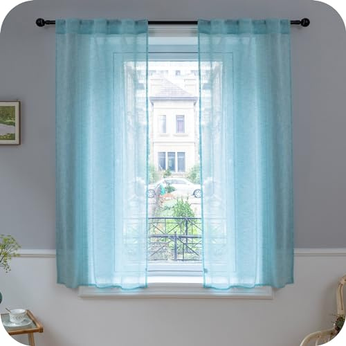 GIRASOLE Coppia Tende Voile Semitrasparenti Effetto Lino Tenda per Soggiorno Camera Balcone Finestra e Interni 2 Pannelli con Tasca (Turchese, 70x150cm)