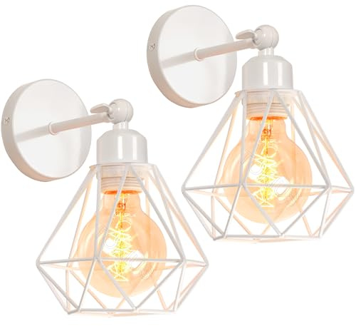 TOKIUS Wandlampe Vintage 16CM Wandleuchte Innen im Industrial Design Retro E27 Lampe aus Eisen Käfig Lampenschirm Verstellbare Deckenleuchte für Flur Wohnzimmer (2 Stücke, Weiß)