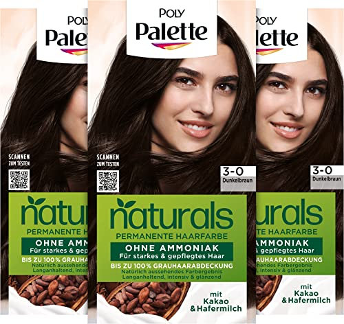 Palette Naturals Permanente Haarfarbe 3-0 Dunkelbraun (3 x 115 ml), pflegende Haarfarbe ohne Ammoniak, Coloration für bis zu 100 % Grauabdeckung