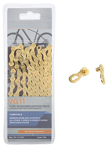 Tissting 11 Fach Fahrrad Kette 1/2 x 11/128 Zoll 116 Glieder Kette Bike Chain Variabler Geschwindigkeit Gold Fahrradkette mit Kohlenstoffstahlgurt Verstärkte Welle für Rennrad Mountainbike Tourenrad