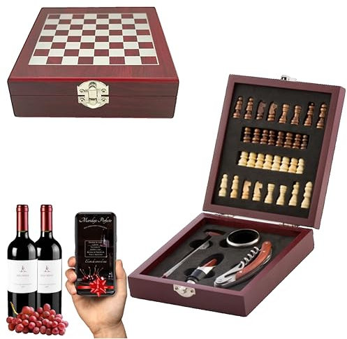 Regali originali per uomo- Regalo uomo - Set di accessori per vino e scacchi - Misuratore di temperatura - Cavatappi e apribottiglie 37 pz - 15x5x17cm