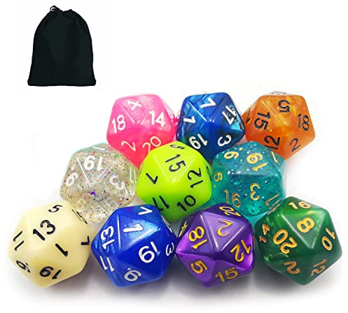 Bescon 10pcs Set of 20 Sided Dice (Number 1-20), 10 Count Assorted Random Multi Effected&Colored Pack of D20 in Drawstring Pouch