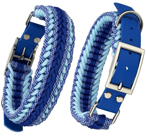 Hunde Halsband aus Paracord geflochten - Nachhaltig & Handgefertigt - Dog Collar - Breites Hundehalsband für mittelgroße & große Hunde - Verstellbar - Blau - Handmade, Halsung (S)