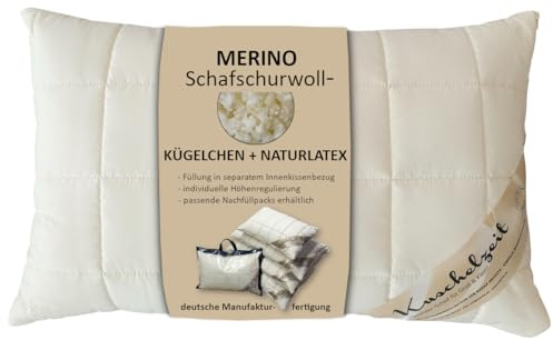 Meivita Merino Kopfkissen in 40x60 cm mit Naturlatex Flocken + Schafschurwollkugeln zur individuellen Höhenverstellung - Made in Germany