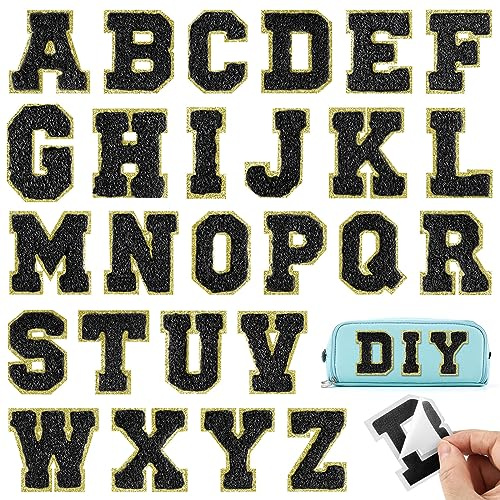 BOUBONI 26 Stück schwarze Buchstaben zum Aufbügeln von A bis Z, selbstklebende Chenille-Buchstabenflicken für Stoffkleidung