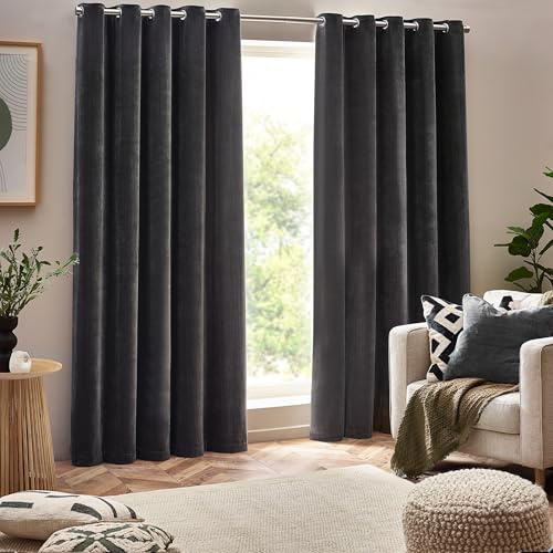 Yard Heavy Chenille Eyelet Curtain Pair – Lined Room Darkening, Soft Velvet Home Décor (Charcoal - Width 117 x Drop 183cm)