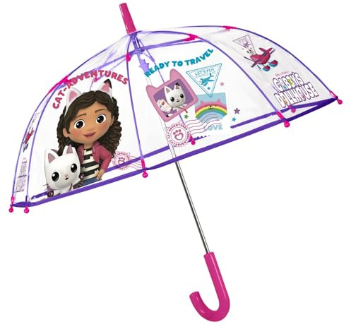 p:os 36906 - Gabbys Dollhouse Regenschirm für Kinder, transparent, windfest, Stockschirm mit manueller Öffnung und stabilem Fiberglasgestell, Durchmesser ca. 84 cm