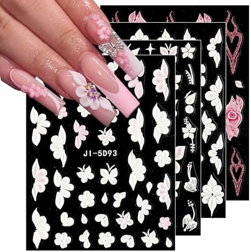 jmeowio JMEOWIO 6 Blatt 3D Nagelsticker Blumen Schmetterling Nail Art Sticker Selbstklebend Nagelaufkleber 5D Stereoskopisch Frühlings Blume Dekoration Nageldesign Zubehör