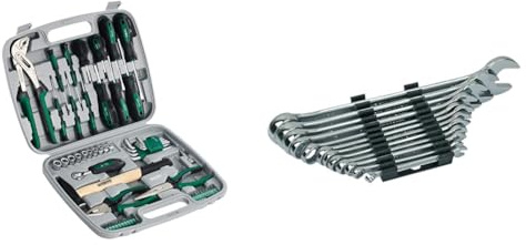 Brueder Mannesmann Werkzeuge M29057 Werkzeugsatz, 57-teilig & Gabelringschlüsell Satz 12-tlg. DIN 3113, Chrom-Vanadium Stahl