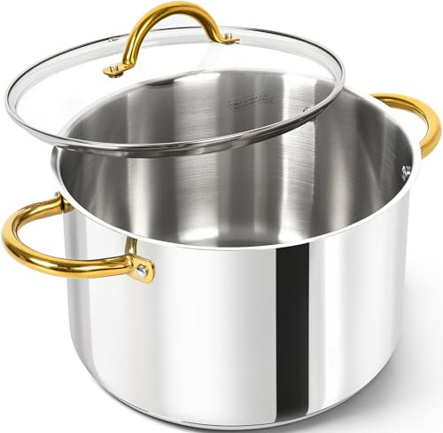 MICHELANGELO Stainless Steel Stock Pot - 8L Soup Pot with Lid, Induction Compatible, Riveted Handle