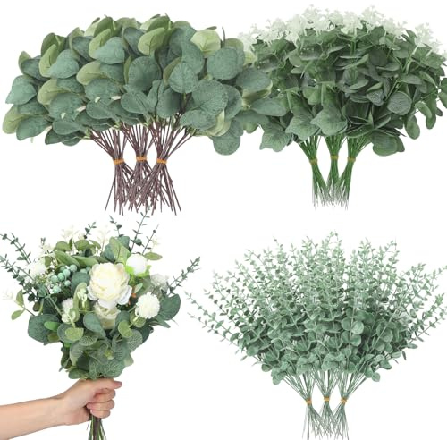 Giegxin 1000 Pcs 3 Kinds Mixed Eucalyptus Leaves Stems Bulk Artificial Silver Dollar Leaves Picks Dried Eucalyptus Bundle Faux Spray for Wedding Vase Bouquet Floral Arrangement (Green)