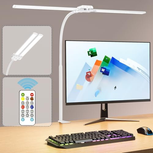 KableRika 12W Lámpara de Escritorio con mando a distancia, Flexo LED Escritorio de Doble Cabezal, Luz de Arquitecto Regulable, luz monitor con Temporizador, para Oficina en el Hogar - Blanco