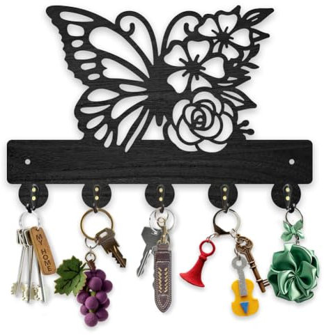 MAYJOYDIY Porte Clés Mural en Bois avec Fleurs et Papillons 30x20cm Organisateur de Porte Clés de Paysage Naturel Porte Clés Noir pour Mur avec 5 crochets en Alliage pour L'Entrée la Porte D'Entrée