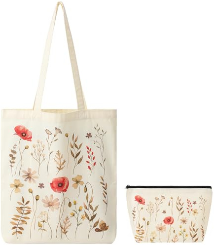 ViEinkaufen Gifts for Women Flower Canvas Tote Bag with Inner Pocket Reusable Beige Washable Foldable Girls Shopping Makeup Bag Birthday Present for Her Present for Mum Auntie Teacher Friends