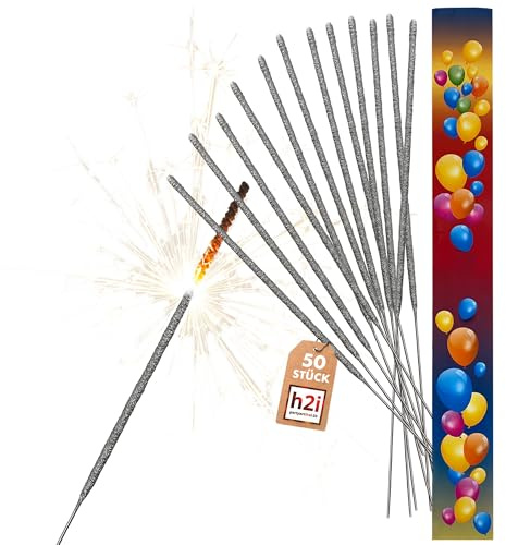 h2i Wunderkerzen | 50 Stück | 40 cm | Brenndauer ca. 90 Sek | Geburtstagskerzen Sprühkerze Spritzkerze Sternenspritzer und Funkenzauber für Party Hochzeit Silvester Geburtstag | f | Kat F1