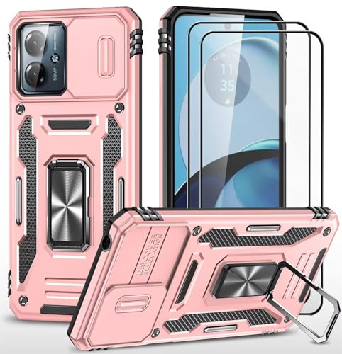 CLYDITE para Funda Motorola Moto G14 Carcasa Silicona Oro Rosa con Cristal Templado [2 Piezas] Cubierta de cámara Deslizante TPU 360 Grados Anillo Giratorio Soporte Coche