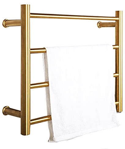 Electric Brushed Gold Heated Towel Rail with Thermostat Wall Mounted Drying Rack for Stylish Bathroom 304 Stainless Steel 4 Bars Plug in