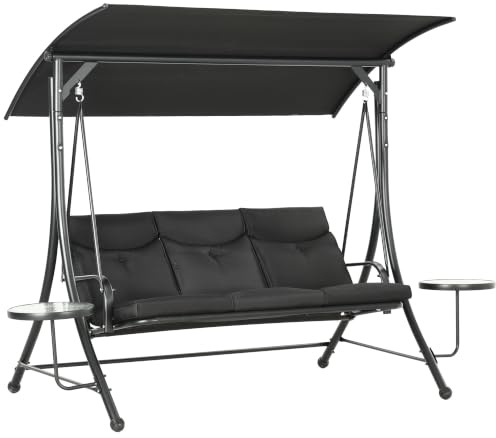 Outsunny Hollywoodschaukel mit Couchtische 3-Sitzer 278x135x177 cm, Schwarz | Gartenschaukel mit Verstellbarem Sonnendach, Schaukelbank Belast Bis 300kg, für Garten, Terrasse