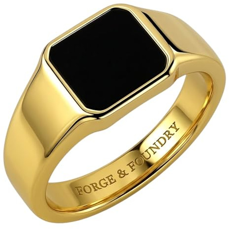 Forge & Foundry Men's Polished 18K Gold Plated Stainless Steel and Onyx Gemstone Signet Ring | The Gentleman's Ring | Hand-Crafted Jewellery, Designed by Jewellers, Forged for Men (R)