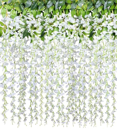 Macrak 7.2 Ft Artificial Wisteria Flowers, 16 Branches Artificial Flowers Vine Garland Plants for Wedding Party Garden Home Decoration (White)