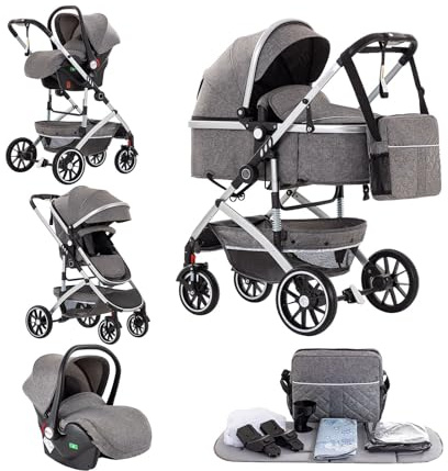 Kakbgee 3 in 1 Passeggino per Bambini, Passeggino Combinato, Carrozzina Pieghevole a Un Clic, Baby Buggy, Carrozza e Sedile Auto con Zanzariera, High Vision Carrozzina per Neonati(22KG, 0-4 Anni)