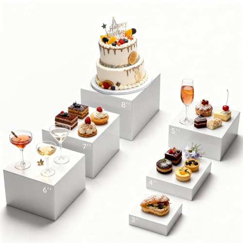 XRCHAA Lot de 6 Présentoirs de Buffet et Apéritif en Acrylique, 3/4/5/6/7/8 Pouces Boxes de Présentation Alimentaire Blanches pour Gâteaux, Desserts, Pâtisseries, Bijoux, Mariages