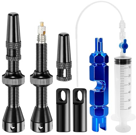 Set completo di valvole tubeless per bicicletta, con siringa sigillante da 60 ml, strumento valvola, 2 valvole Presta in acciaio inox e strumento di rimozione, valvola per bicicletta senza tubo per