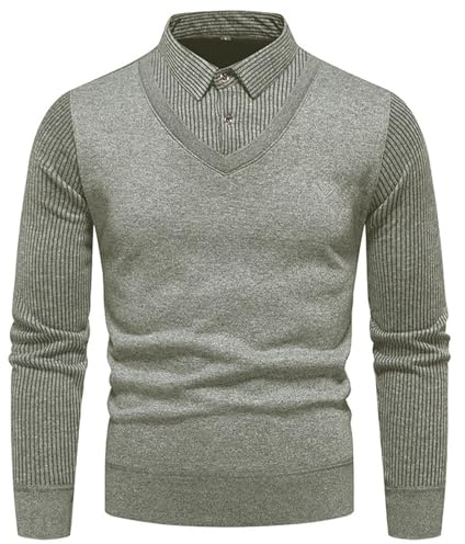Herrtröja med fuskskjorta krage – 2-i-1 Slim Fit V-ringad stickad tröja, vinter varm långärmad ledig cardigan tröja, skjorta krage rock pullover för män, Grå, 3XL