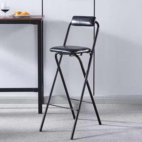 Sgabello da bar pieghevole portatile, alto in pelle, imbottito con schienale, altezza del bancone, per uso interno/esterno (nero, 80 cm)