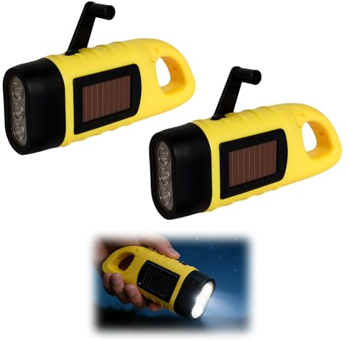 2 Pack Wind Up Torch solar, Hand Crank Flashlight with Carabiner Hook, Super Bright LED Dynamo wind up torches emergency, Solar Powered Camping Light for Hiking, Outdoor Survival & Power Outages