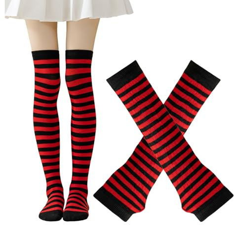 MUNSKT Thigh High Socks Fingerless Gloves Set Rainbow Red Striped Arm Leg Socks Set Long Socks for Women Girls Arm Leg Warmer Long Knit Over Knee Thigh High Sock