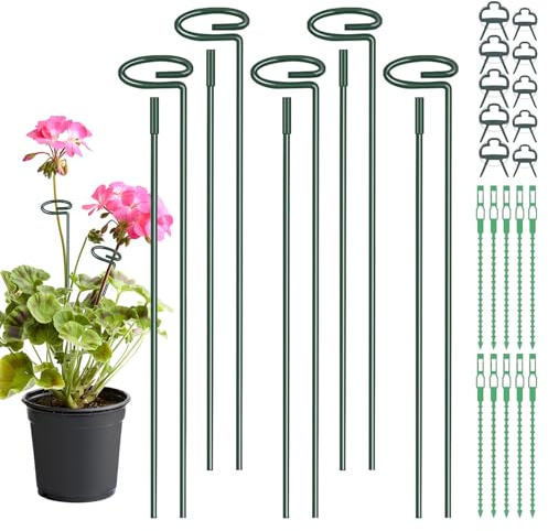 5 Stück Pflanzenstütze 30 cm, Metall, Pflanzenhalter mit 10 Clips und 10 Bändern für Blumen, Tomaten, Lilien, Pfingstrosen, Rosen