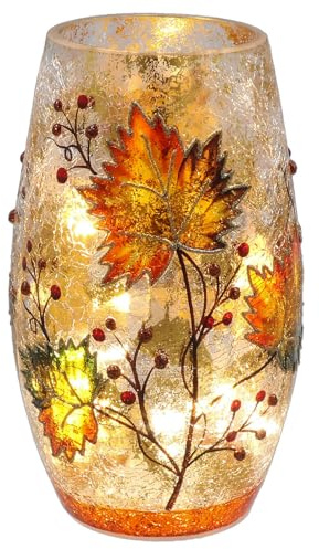 Shudehill Giftware Crackle Glass Autumn Leaves LED Vase, Light Up Decoration with Berries and Foliage Design