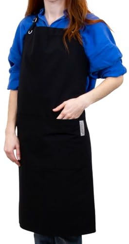 Hartem - Delantal Negro 100% Algodón con Tira del Cuello Ajustable, Artes Plásticas y Artesanía, Artistas, Baristas o Chefs, Talla Única 80 x 86 cm, Mandil Resistente con Bolsillo Central Grande