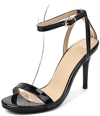 Générique Escarpins Femme Bout Ouvert Fine Lanière Cheville Boucle Sandales à Talon Aiguille Slim en Cuir Vernis PU Bride Arrière Élégantes Soirée Décontractées