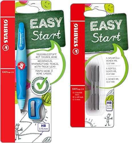 Ergonomischer Druck-Bleistift für Rechtshänder - STABILO EASYergo 3.15 blau - inkl. 1 dicken Mine & Spitzer + Minen zum Nachfüllen - 6er Pack - HB